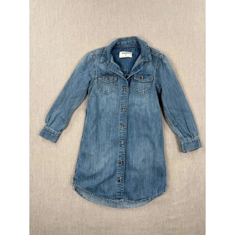 Old Navy Girls Blue Denim Button Down Long Sleeve Shirt Dress Size S 6‎